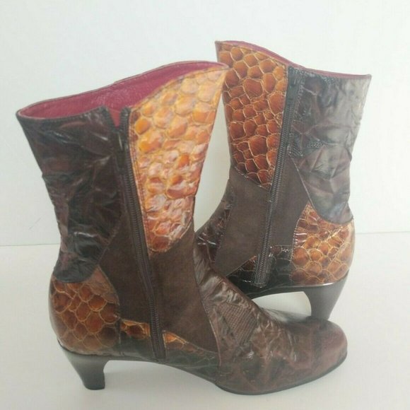 Helle Laine Womens Heels Brown Croc Patch Suede Leather Boots US 8.5-9 M EUR 39 - Picture 6 of 11
